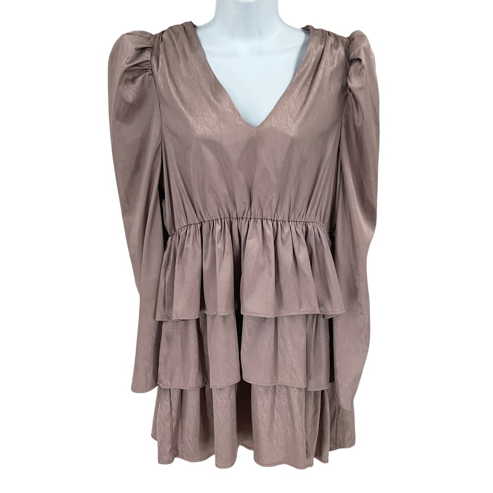 TCEC Mini Dress Women L Mauve Pink Ruffle Tiered Puff Sleeve Shimmer V-Neck